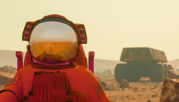 Astronaut on Mars exploring terrain with rover in background