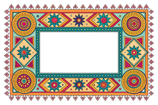 Indian tribal art-inspired frame with geometric motifs and decorative borders, colorful illustration