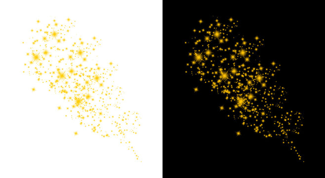 Abstract yellow glowing sparkles and dust particles on transparent checkered background and black background.