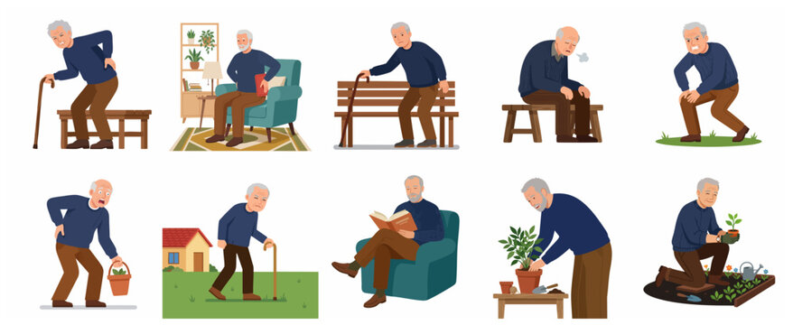 Elderly Man Character Set Featuring Senior Health Issues, Back Pain, Gardening, and Retirement Lifestyle Activities