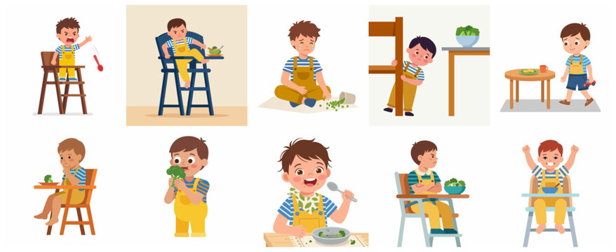 Set of little boy illustrations showing various mealtime emotions, picky eating habits, and healthy food behavior