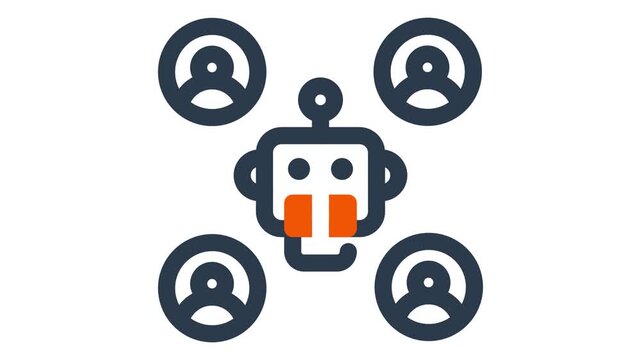 Animating robot head connecting with four user profile icons data analytics