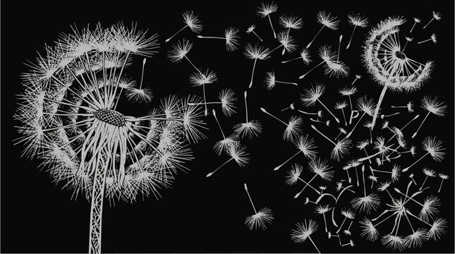 Detailed dandelion with blowing seeds in the wind and flying fluff illustrating the process of herb propagation on a black background