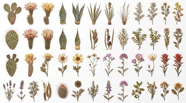 Pressed desert flora collection, a botanical array of dried cacti, succulents, and wildflowers, perfect for natural history and educational designs, showcasing delicate textures and earthy tones.