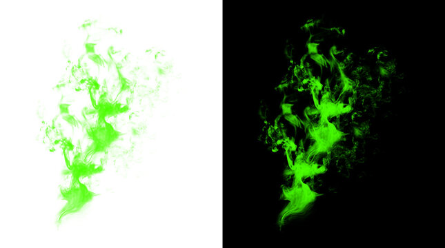 Vibrant green smoke effect isolated on transparent and black backgrounds for motion graphics game design digital art magic poison fumes toxic cloud.