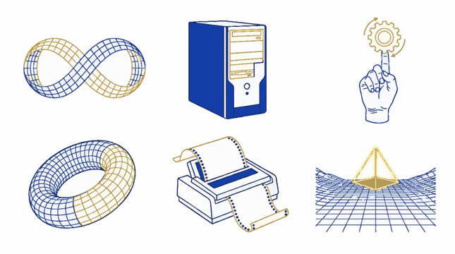 Set of technology and abstract geometric icons including infinity loop computer tower hand with gear dot matrix printer and pyramid on grid
