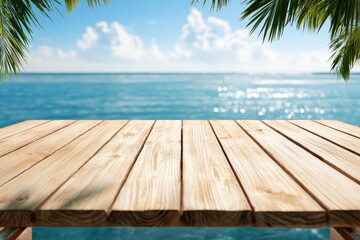 Fototapeta premium Wooden Pier Overlooking Tropical Ocean With Palm Trees.