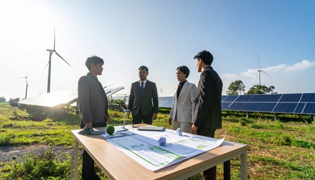 Professional Team Discussing Renewable Energy Project Implementation Outdoors with Solar Panels