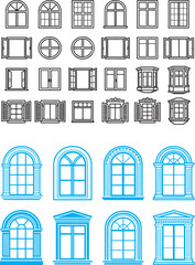Obraz premium Architectural window icon set with various frame styles including arched rectangular bay and shuttered designs in vector line art