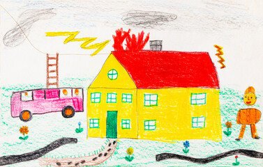 Child's drawing of a fire brigade operation
