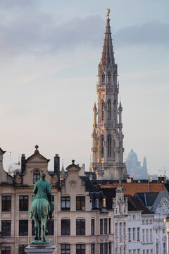 Belgium, Brussels, View from Mont des Arts, Townhall and lower city, Statue of Albert I of Belgium