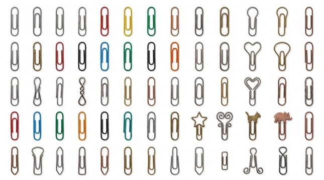 Diverse collection of 60 metal paper clips, including classic silver, gold, red, and green designs, plus unique novelty shapes like hearts and stars