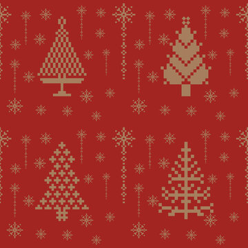 Seamless Red Christmas Nordic Knit Pattern with Christmas Trees and Snowflakes Background	