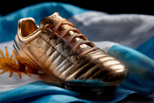 Golden Boot Football Trophy on Argentina Flag
