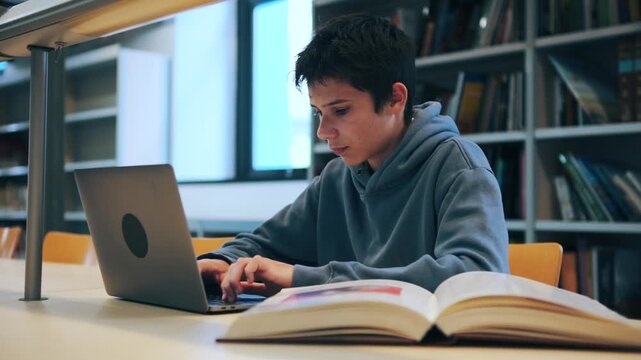 A diligent teenage student sits at a desk in a library, using a laptop and a book for his research and studies. He is focused on his work.