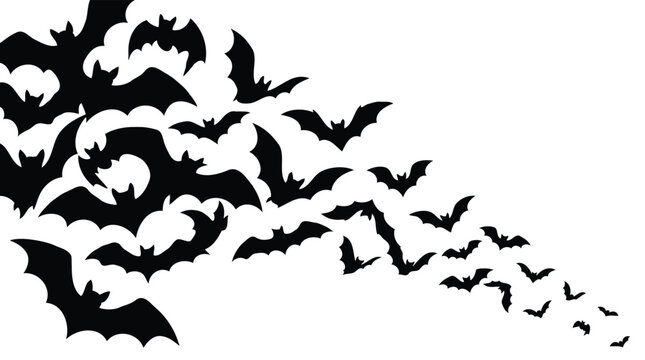 Silhouette vector illustration of a swarm of wild bats flying together in a stream