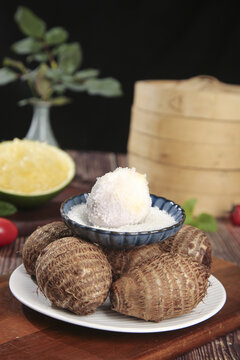 Fresh Taro Roots with Coconut Flakes Asian Cooking Ingredients Still Life Photography
