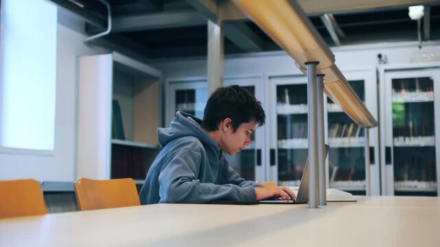 A young male student sits at a desk in a modern university library, focused on typing and working on his laptop computer.