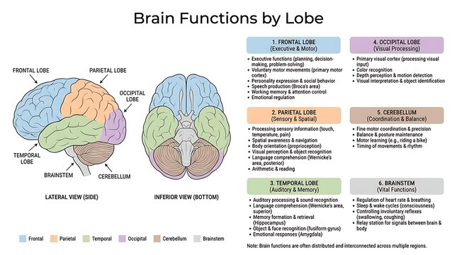 Infographic chart of brain functions by anatomical lobes with functions