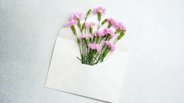 Pink carnations emerging from a white envelope on a textured surface