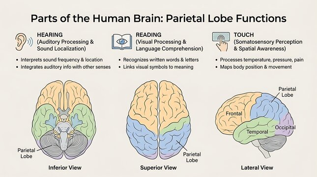 Anatomical diagram of human brain parietal lobe functions and views
