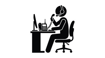Fototapeta premium Office worker with headset and computer black silhouette