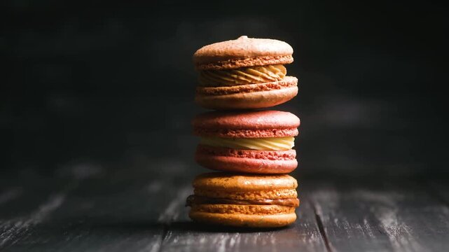 Stack of colorful macarons on a dark wooden surface