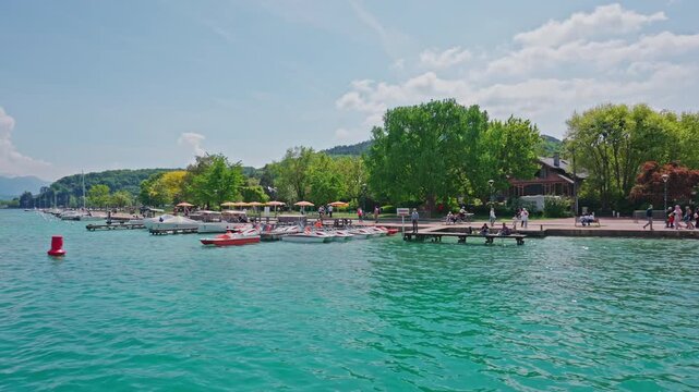 Lake Annecy Waterfront with Pedal Boats and Turquoise Water France 29 April 2026.
