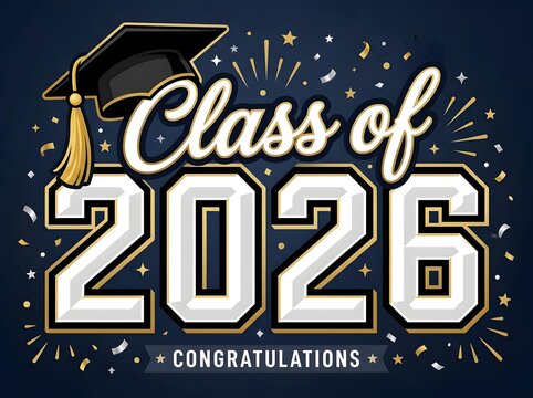 Graduation cap with Class of 2026 text and confetti against dark blue background