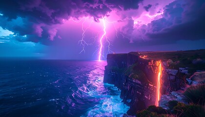 Fototapeta premium A stormy seascape with lightning illuminating cliffs and ocean (1)