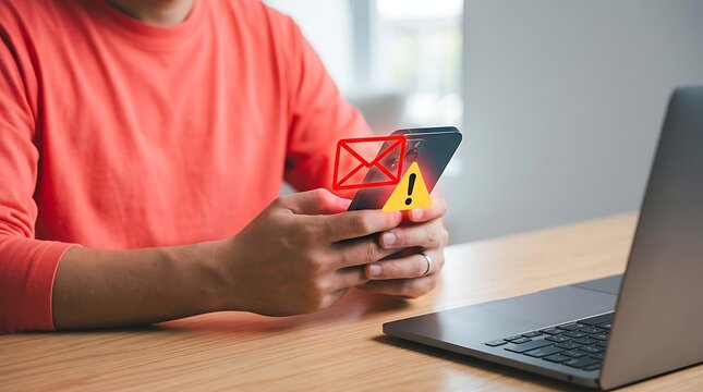 Person using smartphone with email notification icon overlay while working on laptop at wooden desk