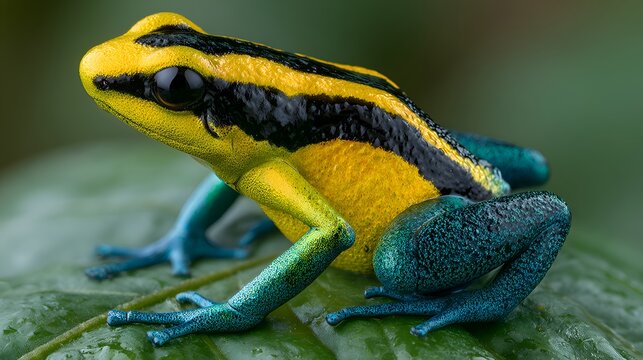 Close-up of a vibrant yellow and black striped poison dart frog with bright blue-green legs and feet, resting on a wet green leaf