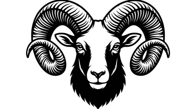 Front view ram head with large horns.