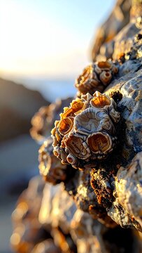 Close up of barnacles on a rock at the beach during sunset.