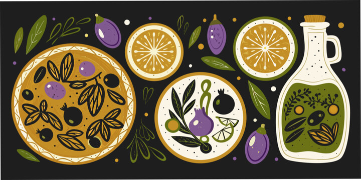Olive Citrus And Herb Arrangement Decorative Vector Illustration