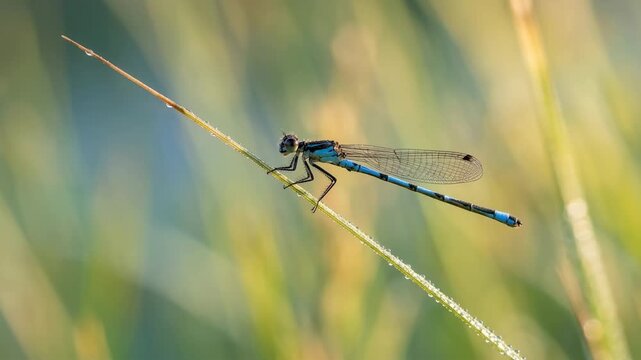 dragonfly darning needle on grass blade in english meadow morning light close up video