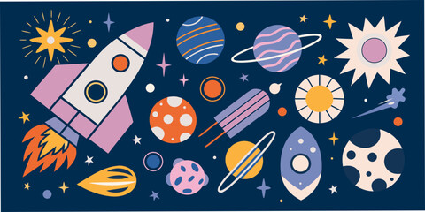 Planets Rocket And Stars Vector Illustration On A Dark Blue Background © Tithi