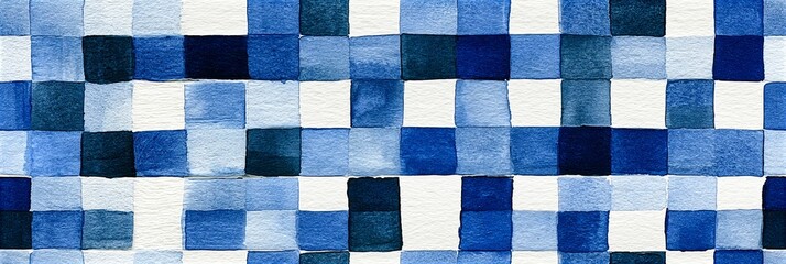 Fototapeta premium Blue watercolor gingham pattern creating abstract seamless background. Watercolor brushstrokes forming a decorative blue and white checkered pattern