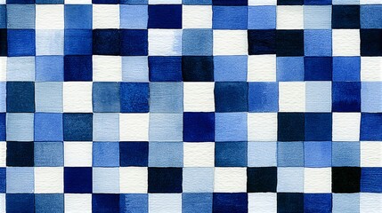 Fototapeta premium Blue watercolor gingham pattern creating abstract seamless background. Watercolor brushstrokes forming a decorative blue and white checkered pattern