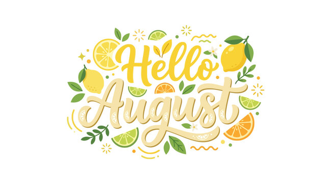 Hello August lettering with lemons, limes and oranges