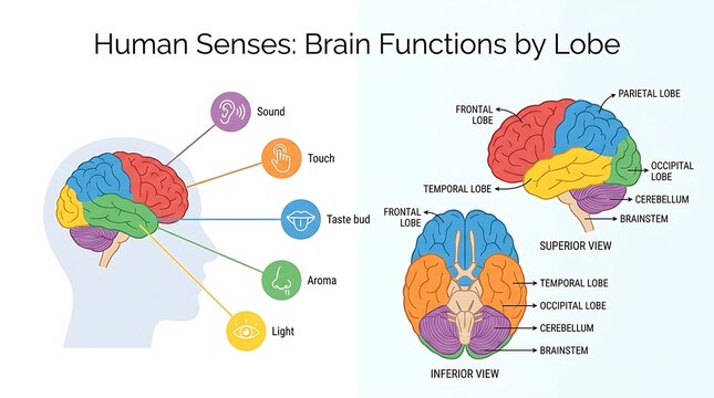 Educational medical chart of human brain lobes and sensory functions