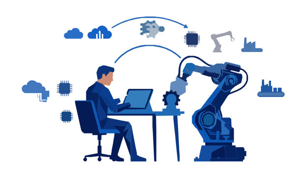 Low Poly Engineer Managing Robotic Tool and Smart Industrial Automation Technology Vector Illustration