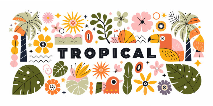 Tropical floral ornament with palm leaves and parrots vector illustration