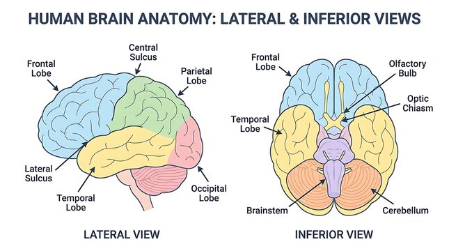 Anatomical diagram of human brain lateral and inferior views with inferior