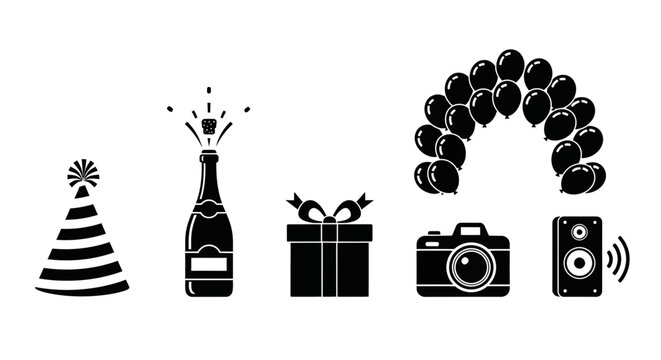 Party celebration icon set, black silhouette birthday event symbols, champagne bottle and gift box vector, balloon arch and camera graphics