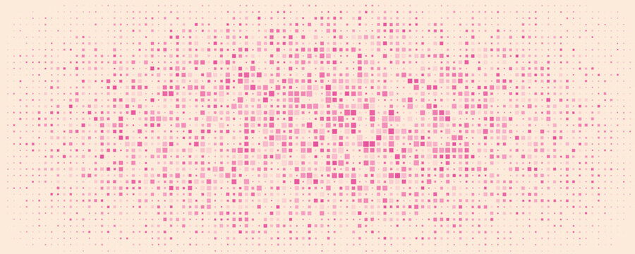 Abstrak Pink dan Magenta Pola Halftone Persegi Bulat pada Latar Belakang Krim Lembut. Tekstur Grid Geometris Modern Yang Hidup Dengan Titik-Titik Piksel. Ilustrasi Vektor Minimalis.