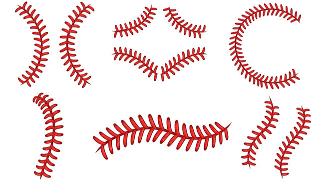 Baseball stitches vector set, red softball lace embroidery elements, athletic ball seam patterns for sports apparel and jersey design