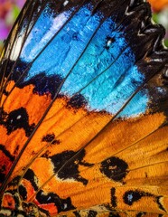 Naklejka premium Close-up of a vibrant butterfly wing with intricate patterns and bright colors.