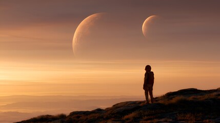Obraz premium Astronaut stands on a rocky alien planet looking at two large moons in the sky during sunset