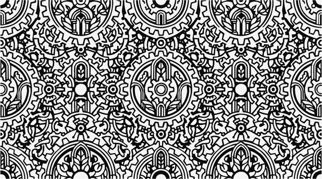 Intricate mechanical cogs - Intricate mechanical gear pattern in steampunk industrial design style, featuring monochrome fence patterns and detailed